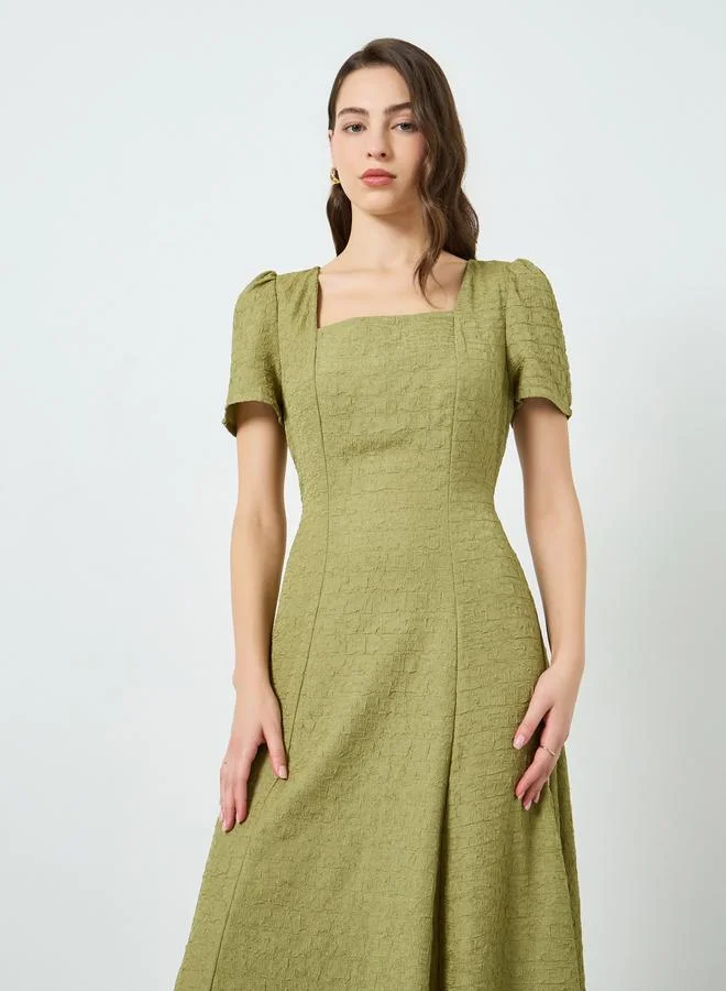 Take Two Women Green Textured Square Neck Fitted Waist Midi Dress